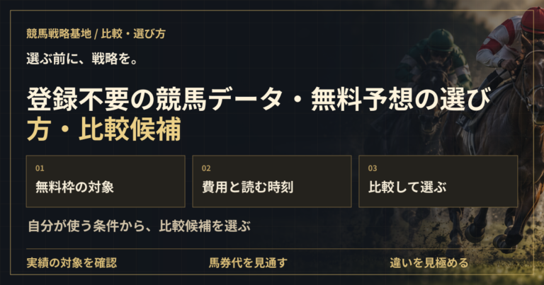 登録不要の競馬データ・無料予想の選び方・比較候補の解説ビジュアル